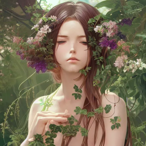 Prompt: An anime young woman plant hybrid, vine and plants and flowers, intricate, digital painting, highly detailed, concept art, Artstation, Cgsociety, Artgerm, Alphonse Mucha, Wlop