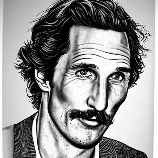 Image similar to a portrait drawing of Mathew McConaughey drawn by Robert Crumb