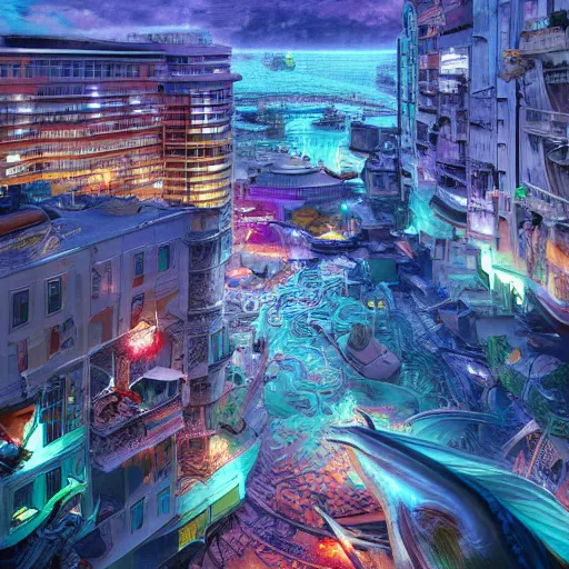 Prompt: Photorealistic whalepunk city. Hyperdetailed photorealism, 108 megapixels, amazing depth, glowing rich colors, powerful imagery, psychedelic Overtones, 3D finalrender, 3d shading, cinematic lighting, artstation concept art