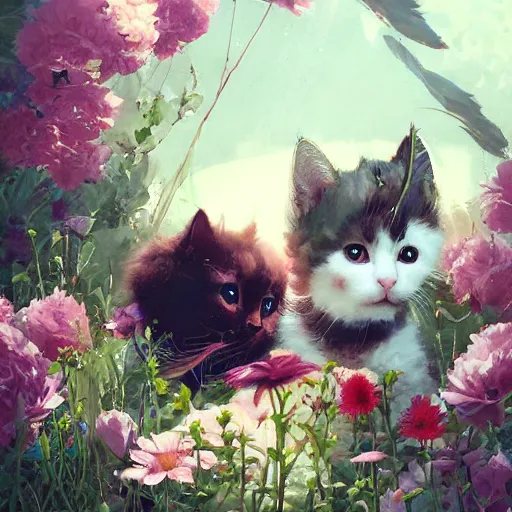 Image similar to kittens in flowers, intricate complexity, by greg rutkowski, artgerm, ross tran, conrad roset, takato yomamoto, ilya kuvshinov. 4 k, beautiful, cinematic dramatic atmosphere