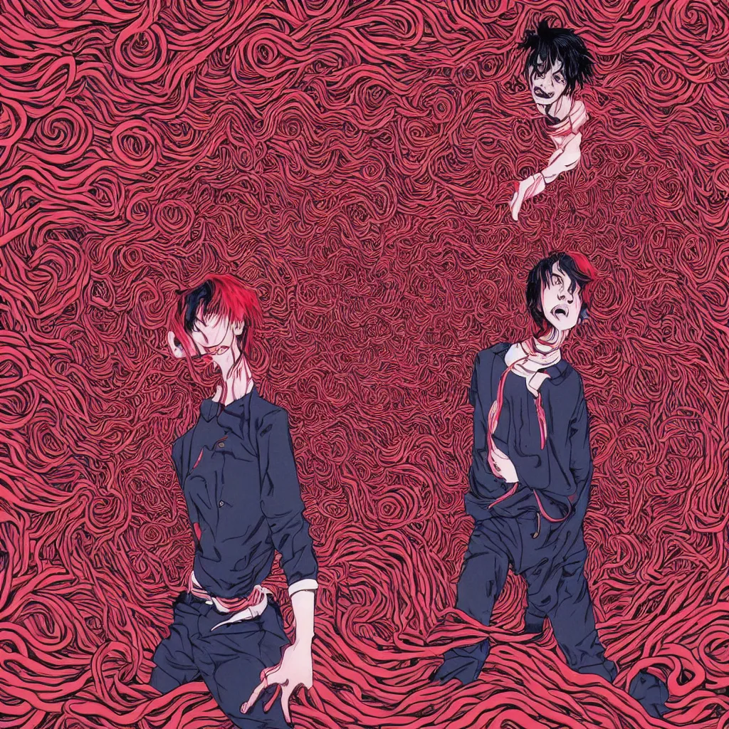 Prompt: Playboi Carti surrounded by red fog and spirals, art by guro manga artist Shintaro Kago