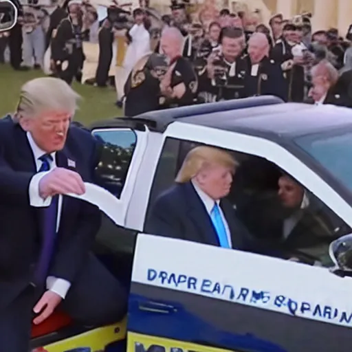 Image similar to Newscast still of Donald Trump being handcuffed and arrested and put into a cop car at mar-a-lago