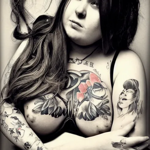 Image similar to fat girl, long hair, tattooed, photo