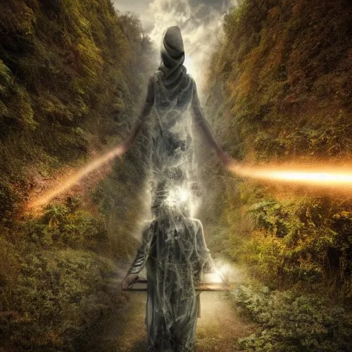 Image similar to Editorial Masterpiece extremely realistic Arcane elemental High Orders Nephilim Virtues figure infused with coalesced fantasy crystalline Magical fire by Erik Johansson, perfect crisp light