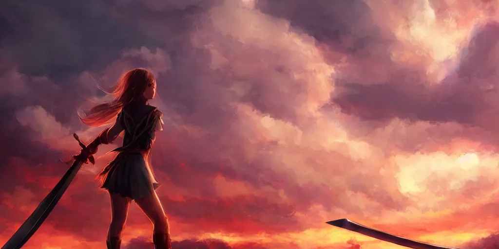 Image similar to back shot of one single beautiful girl gazing back into distance land, holding a oversized sword. digital art by wlop. artstation contest winner, cinematic paint. lower shot. fiery dramatic cloud in background.