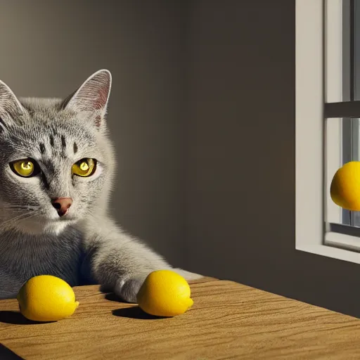 Prompt: yellow cat with the texture of a lemon, dslr, 8 k, octane beautifully detailed render, silly mood, cinematic lighting, detailed photo, masterpiece, volumetric lighting, ultra realistic, highly detailed, high quality, lossless, photorealistic