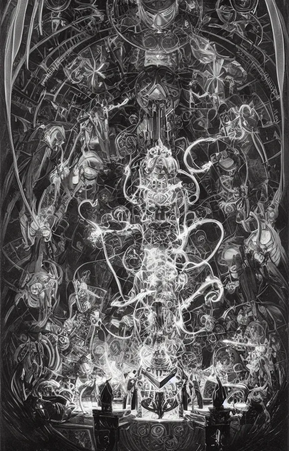 Image similar to occultist scientists doing blood sacrifices to summon extradimensional gundam, occult giant robot power armor etched with glowing magical runes by m. c. escher, beeple, greg rutkowski and alphonse mucha. 8 k hd resolution, chihuly