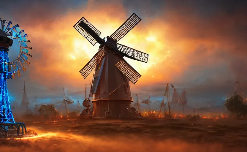 Image similar to a steampunk windmill, zoomed in, spinning fast, robot, blue fire, electricity lightning, concept art, sharp focus, intricate details, very high details, photorealistic, disney pixar, octane render, iridescent, anime, 8 k