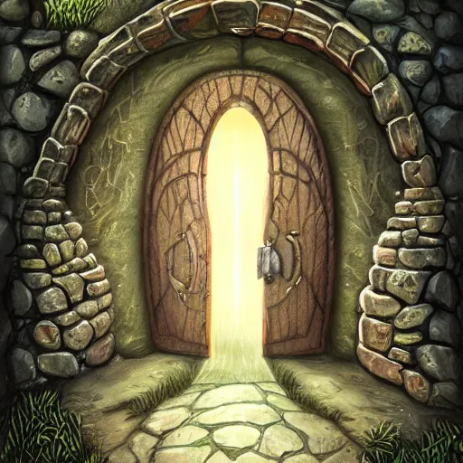 Prompt: a fantasy illustration of a cave door with elvish writing around the door