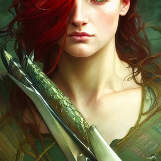 Image similar to Portrait of serious female ranger, D&D, green eyes, face, long red hair, fantasy, intricate, elegant, highly detailed, digital painting, artstation, concept art, smooth, sharp focus, illustration, art by artgerm and greg rutkowski and alphonse mucha