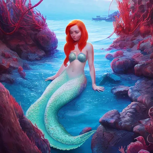 Image similar to Karen Gillian as the little mermaid by Stanley Artgerm Lau, WLOP, James Jean, Andrei Riabovitchev, Marc Simonetti, Yoshitaka Amano, ArtStation, CGSociety