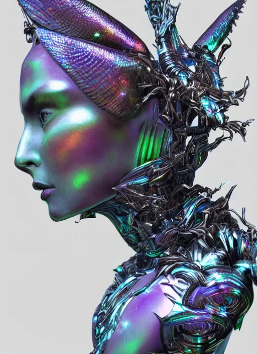 Prompt: a hybrid humanoid androgyne muse with recursive horned wing crown attached to side of head, concept art, alien-like, sculpted iridescent optical mineralogy features, intricate detail, holographic, pixel sorting, style by James Jean, circuitry, organic detail, asymmetry, cinematic, epic wide shot, ultra detailed, artstation, sharp focus,smooth, cinematic lighting, cinematic detail, composition, photorealistic, render in unreal engine 5, golden ratio, 8k render