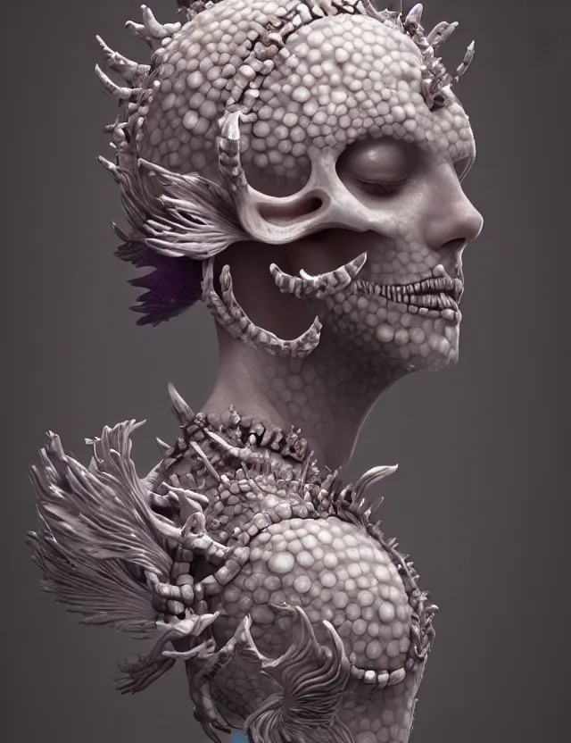 Image similar to symmetrical, centered, zbrush sculpt of goddess close-up portrait wigh crown made of skulls. phoenix betta fish, phoenix, bioluminiscent creature, super intricate ornaments artwork by Tooth Wu and wlop and beeple and greg rutkowski