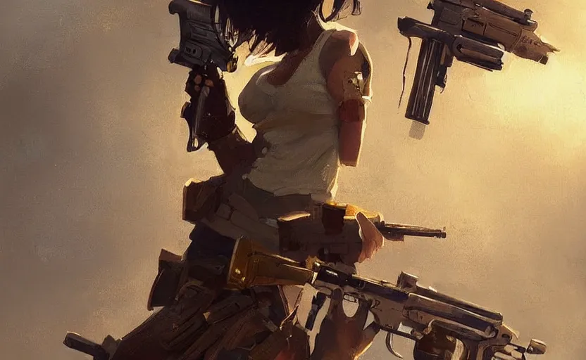 Image similar to a painting of gold, guns, and girls trending on artstation in the style of greg rutkowski