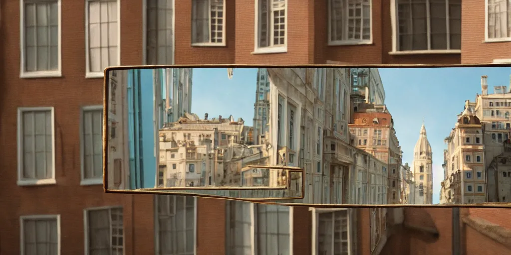 Image similar to a very high resolution image from a new movie, upside - down building, mirror, door, beautiful scenery, photorealistic, photography, directed by wes anderson