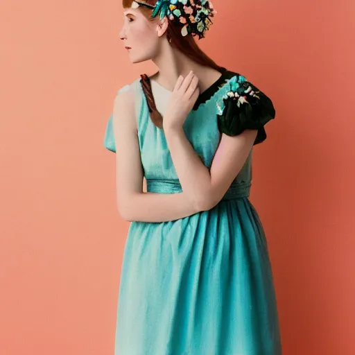 Prompt: a photograph of beautiful nordic woman wearing a white folkdrakt dress, she has a summer flower headband. against a teal studio backdrop. strong kodak portra 4 0 0 film look. film grain. cinematic. in - focus