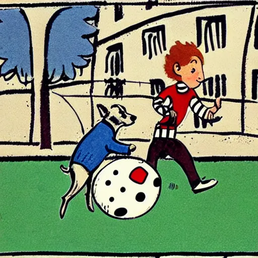 Image similar to illustration of french boy on the streets of paris playing football against a corgi, the dog is wearing a polka dot scarf, comic, 1 9 7 2