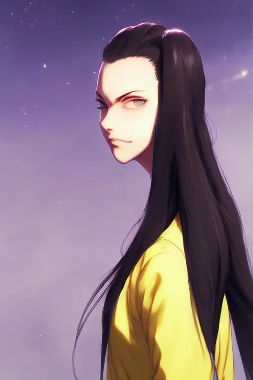 Image similar to black ponytail hair, pale woman in a black zipper jacket, yellow eyes, by artgerm, hair tied in a ponytail, white backdrop, soft lighting, night scene, by greg rutkowski makoto shinkai takashi takeuchi