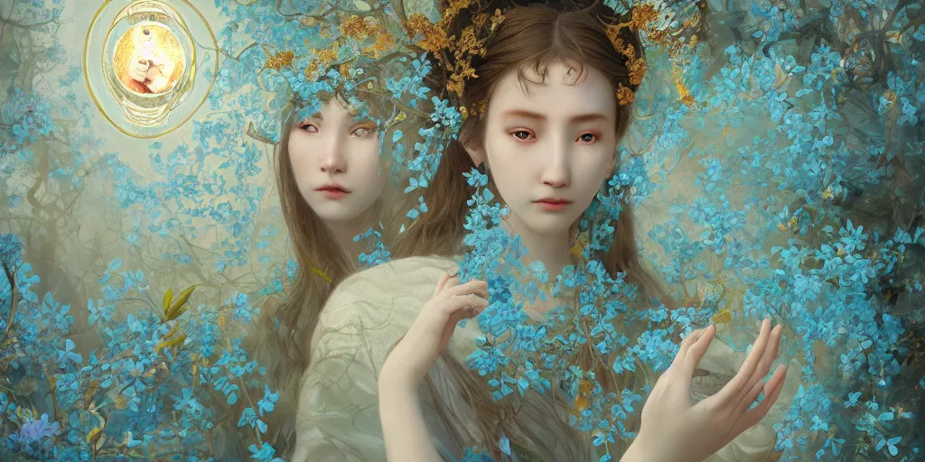 Image similar to breathtaking detailed weird concept art painting of the goddess of light blue flowers, orthodox saint, with anxious, piercing eyes, ornate background, amalgamation of leaves and flowers, by Hsiao-Ron Cheng, extremely moody lighting, 8K