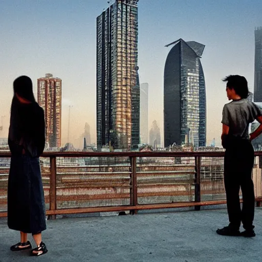 Prompt: a small rooftop with a couple of modern teenagers, standing and talking to each other, wearing black modern clothes, modern shanghai bund is on the background, sunset, by gregory crewdson