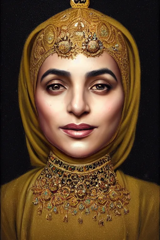 Prompt: a photorealistically painted portrait of a smiling hijabi queen with an ornate gold crown, dressed in a suit, perfectly symmetric face!!!, beautiful eyes!!, digital painting, concept art, minimal artifacts, volumetric lighting, Artgerm and William-Adolphe Bouguerea, in the style of Tom Bagshaw, trending on Artstation, award winning art