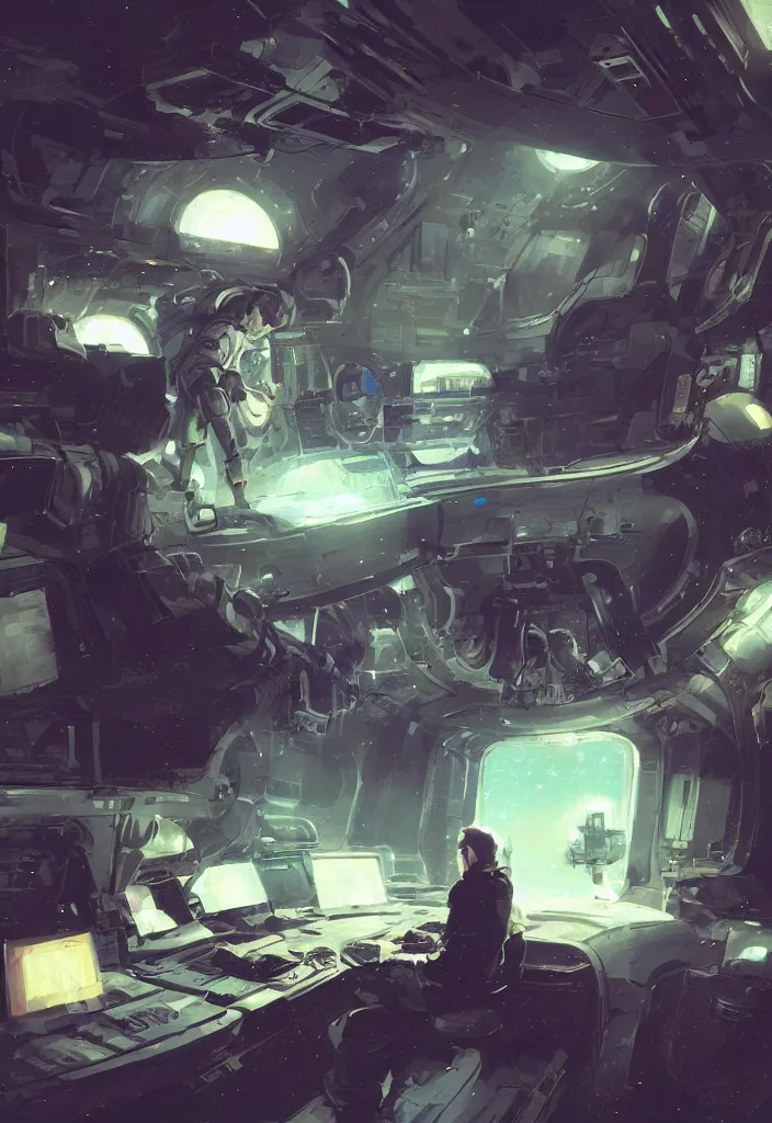 Image similar to a spaceship pilot with a black beard working on a computer, painting by Craig Mullins, octane rendering, hyperdrive lighting, wide angle lens, in the style of Hayao Miyazaki, trending on artstation, extreme contrast