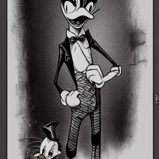 Prompt: michael karcz grunge drawing of donald duck. , in the style of corpse bride, loony toons style, horror themed, detailed, elegant, intricate, trending on artstation, 4k