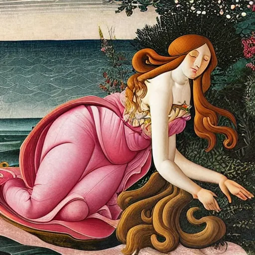 Image similar to an ultradetailed mythological oil painting of a beautiful woman with long brown hair, full body, wearing pink floral gown, lying asleep inside a giant scallop shell, near the seashore, intricate lines, elegant, renaissance style, by sandro botticelli