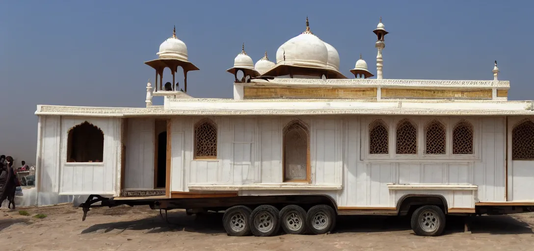 Image similar to mughal - style white ivory tiny home on trailer with minarets in agra, india