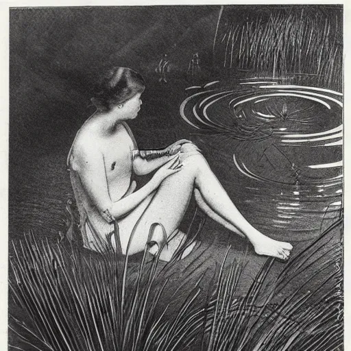 Prompt: Print. a young girl is sitting on the edge of a pond, with her feet in the water. She is looking at a frog that is sitting on a lily pad in the pond. copper verdigris, Things Stranger by Hugh Ferriss manmade