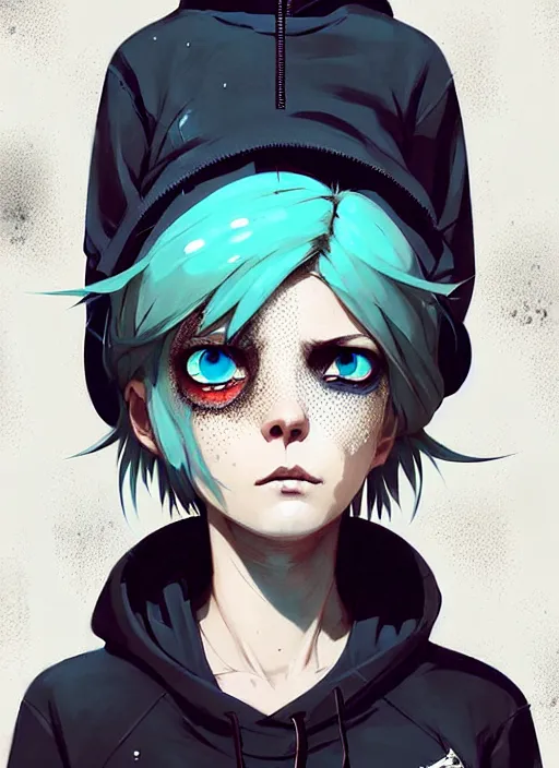 Image similar to highly detailed portrait of a sewer punk lady student, blue eyes, patchwork hoodie, white hair by atey ghailan, by greg rutkowski, by greg tocchini, by james gilleard, by joe fenton, by kaethe butcher, gradient blue, black, brown and cyan color scheme, grunge aesthetic!!! ( ( graffiti tag wall background ) )