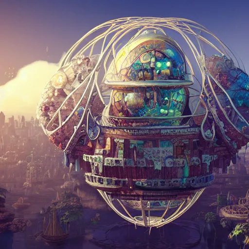 Image similar to enormous flying city in a faberge egg, sky, steampunk, fantasy art, masterpiece, unreal engine