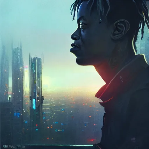 Image similar to cyberpunk, closeup portrait of a juice wrld, dramatic light, city background, sunset, dystopian setting, high contrast, sharp, neuromancer, henry dorsett case, painted by stanley lau, painted by greg rutkowski, painted by stanley artgerm, digital art, trending on artstation