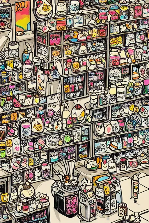 Image similar to mcbess illustration of a magical, mystical shop full of jars of sweets, rainbow gouache