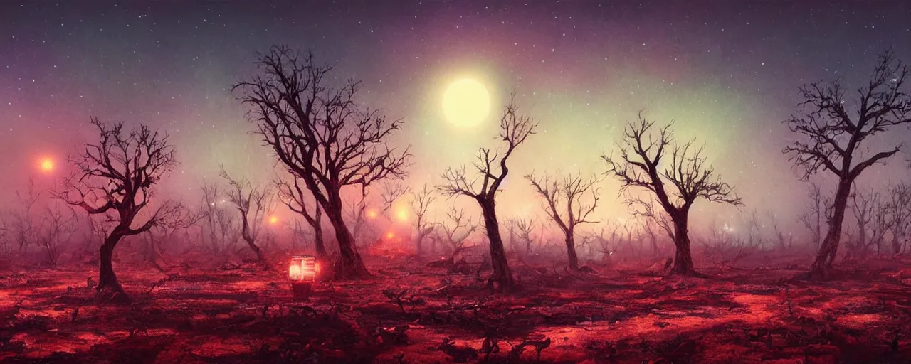 Image similar to ” barren landscape with dead trees at night, [ cosmic, cinematic, detailed, epic, widescreen, opening, establishing, mattepainting, photorealistic, realistic textures, octane render, art by slop and paul lehr ] ”