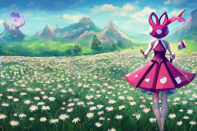 Prompt: ( ( low _ poly ) ) ( ( playstation ) ) running ( ( anthropomorphic ) ) ( ( lurantis ) ) ( [ maid ] ) wearing a hat ( standing ) in a ( ( field ) of daisies ), mount coronet in the distance illustration by ruan jia on artstation