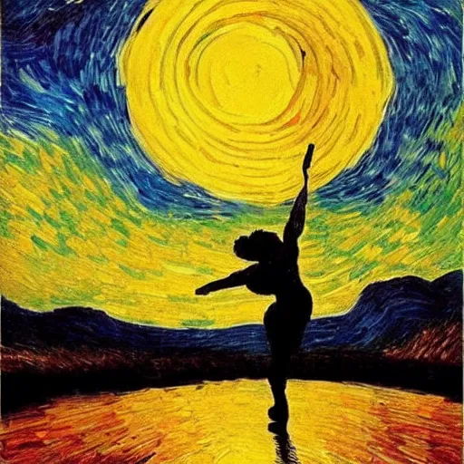 Prompt: dancer silhouette in front of sunset clouds van gogh oil painting