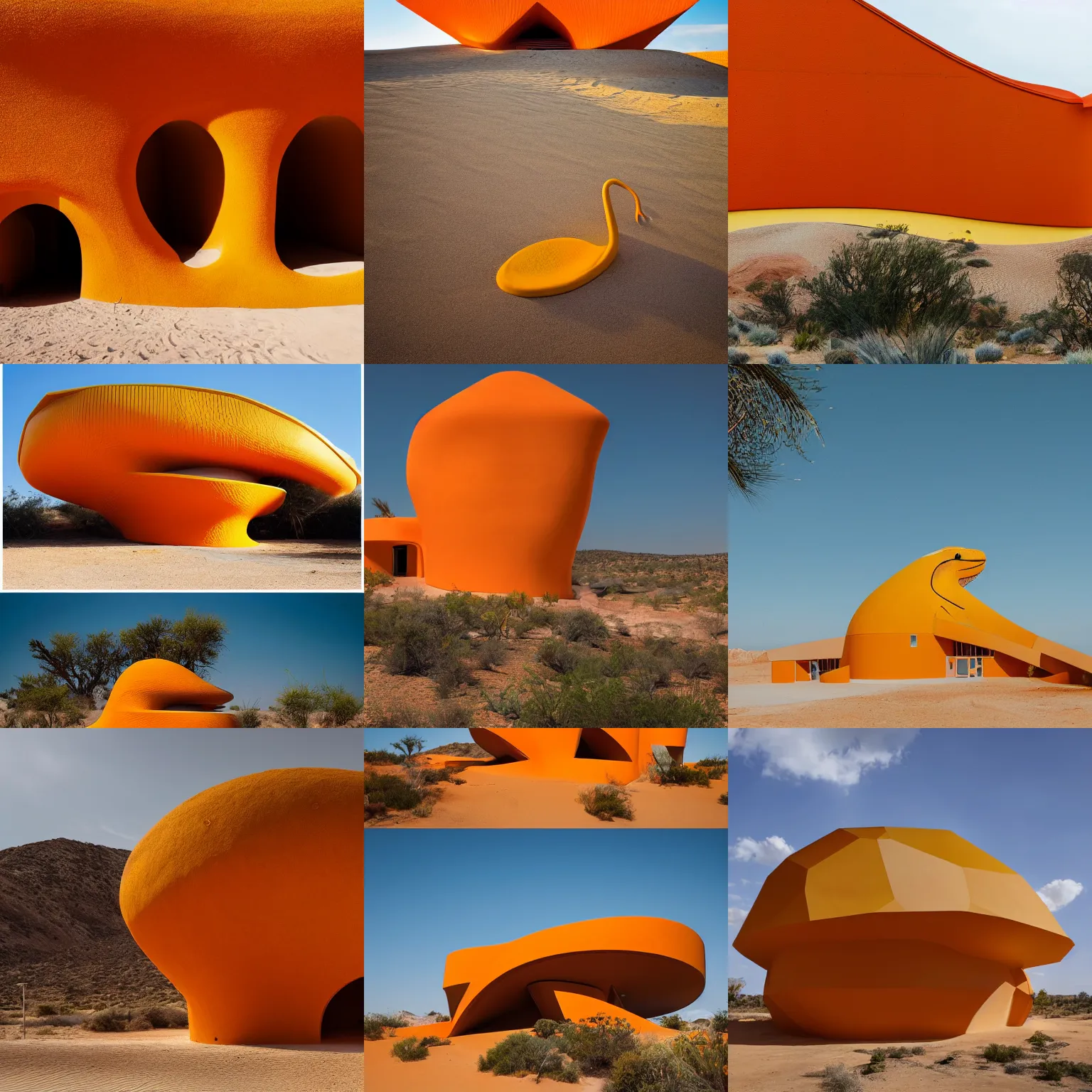 Prompt: archdaily architectural photography of a fun building that looks like an orange and yellow lizard in the middle of a desert, varanus caspius