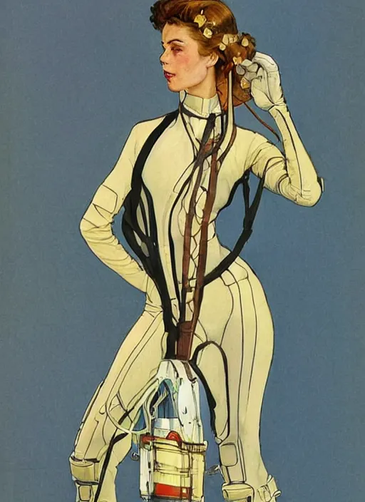 Prompt: a copic maker art nouveau portrait of a russian model girl detailed features wearing a atex suit weeding designed by balenciaga by john berkey, norman rockwell akihiko yoshida