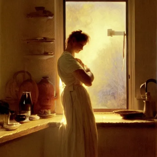 Image similar to guy feirri in a kitchen, painting by Pierre Auguste Cot, dramatic lighting