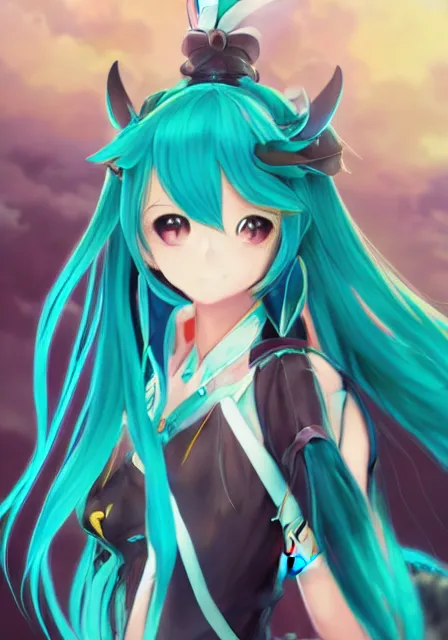 Image similar to A fantasy anime portrait of Hatsune Miku, by Yoneyama Mai and Rossdraws, digtial painting, trending on ArtStation, deviantart, two-dimensional