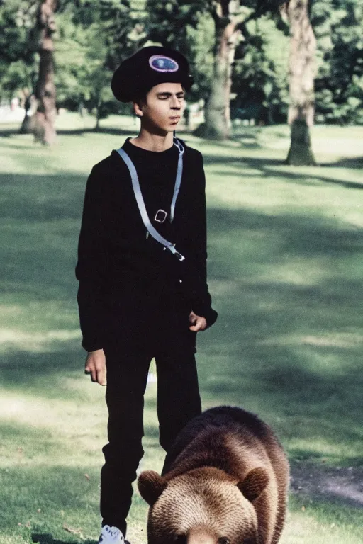 Image similar to slim teenage boy, dark curly hair, wearing a black beret hat, dark shirt black trousers, brown satchel, outside in a park, using a super 8mm camera to film a bear which is beside him