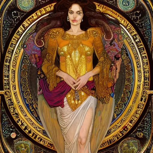 Image similar to realistic detailed dramatic symmetrical portrait of Angelina Jolie as Salome dancing, wearing an elaborate jeweled gown, by Alphonse Mucha and Gustav Klimt, gilded details, intricate spirals, coiled realistic serpents, Neo-Gothic, gothic, Art Nouveau, ornate medieval religious icon, long dark flowing hair spreading around her