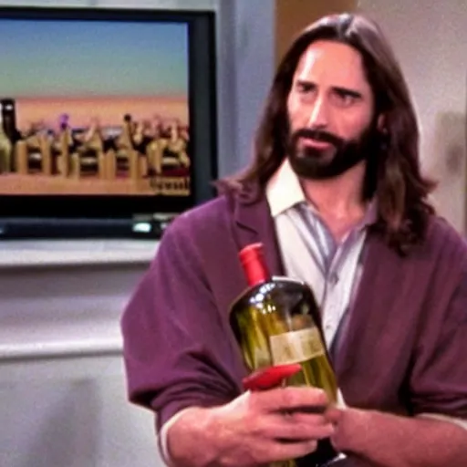 Image similar to still of Jesus Christ holding a bottle of wine in 1990s clothing, from TV Series Seinfeld (1994)