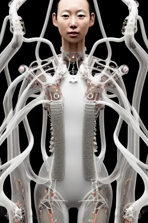 Prompt: young asian woman, iris van herpen, perfect symmetrical body, full body shot, inflateble shapes, wires, tubes, veins, jellyfish, white biomechanical details, wearing epic bionic cyborg implants, masterpiece, intricate, biopunk, vogue, highly detailed, artstation, concept art, cyberpunk, octane render