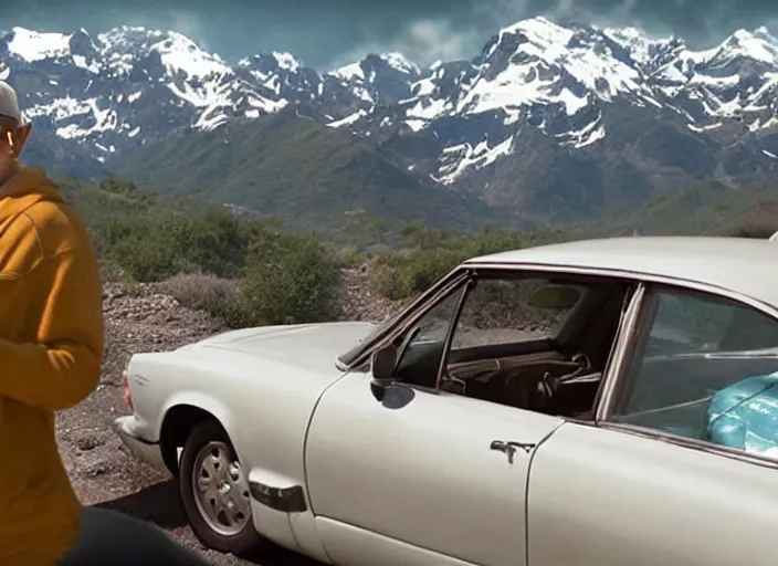 Image similar to a very high resolution image from a new movie, eminem driving a car. mountains, directed by wes anderson