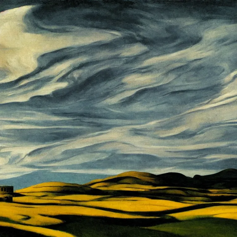 Image similar to dramatic landscape of donegal ireland after the storm, mammatus clouds and lenticular clouds, by edward hopper and giorgio de chirico