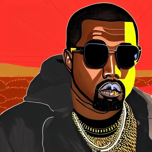 Prompt: portrait of kanye west sunglasses stars in the sky ( fairies ) detailed face enchanted psychedelic vector art illustration gears of war cell shaded illustration gta 5 artwork of kanye west in the style of gta 5 loading screen, by stephen bliss by hieronymus bosch and frank frazetta
