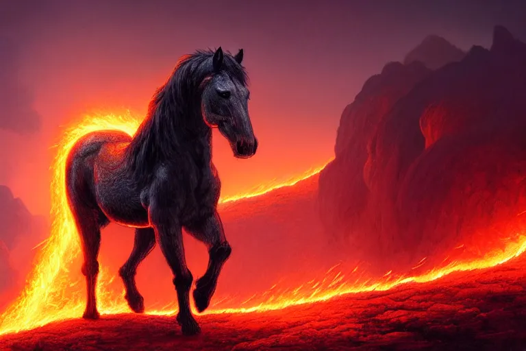 Image similar to a stunning digital painting of a horse made of lava with a mane and tail made of fire by greg rutkowski, volumetric light, digital art, fine detail, photorealistic