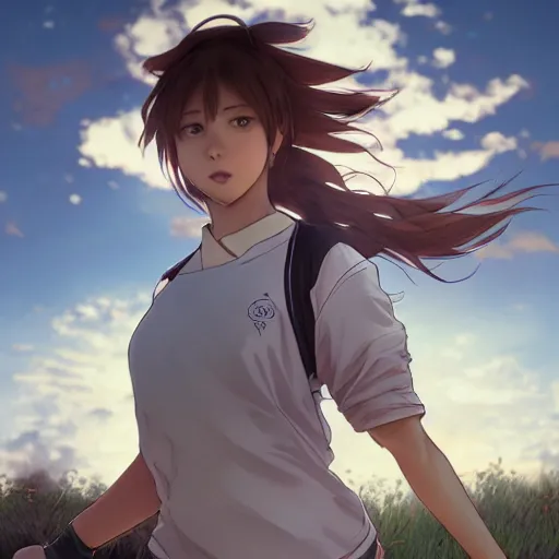 Prompt: a girl is running, sport clothing, anime style, brown short hair, hair down, symmetrical facial features, from arknights, hyper realistic, rule of thirds, extreme detail, detailed 4 k drawing, trending pixiv, realistic lighting, by alphonse mucha, greg rutkowski, sharp focus, backlit
